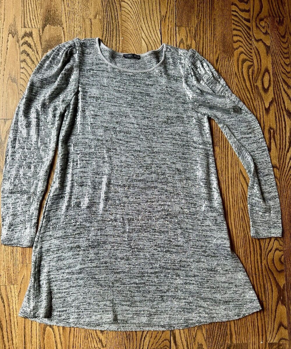 ZARA WOMEN'S HEATHER GRAY THIN KNIT LONG PUFF SLEEVE SEQUIN‎ MINI DRESS Sz Large - Picture 6 of 11